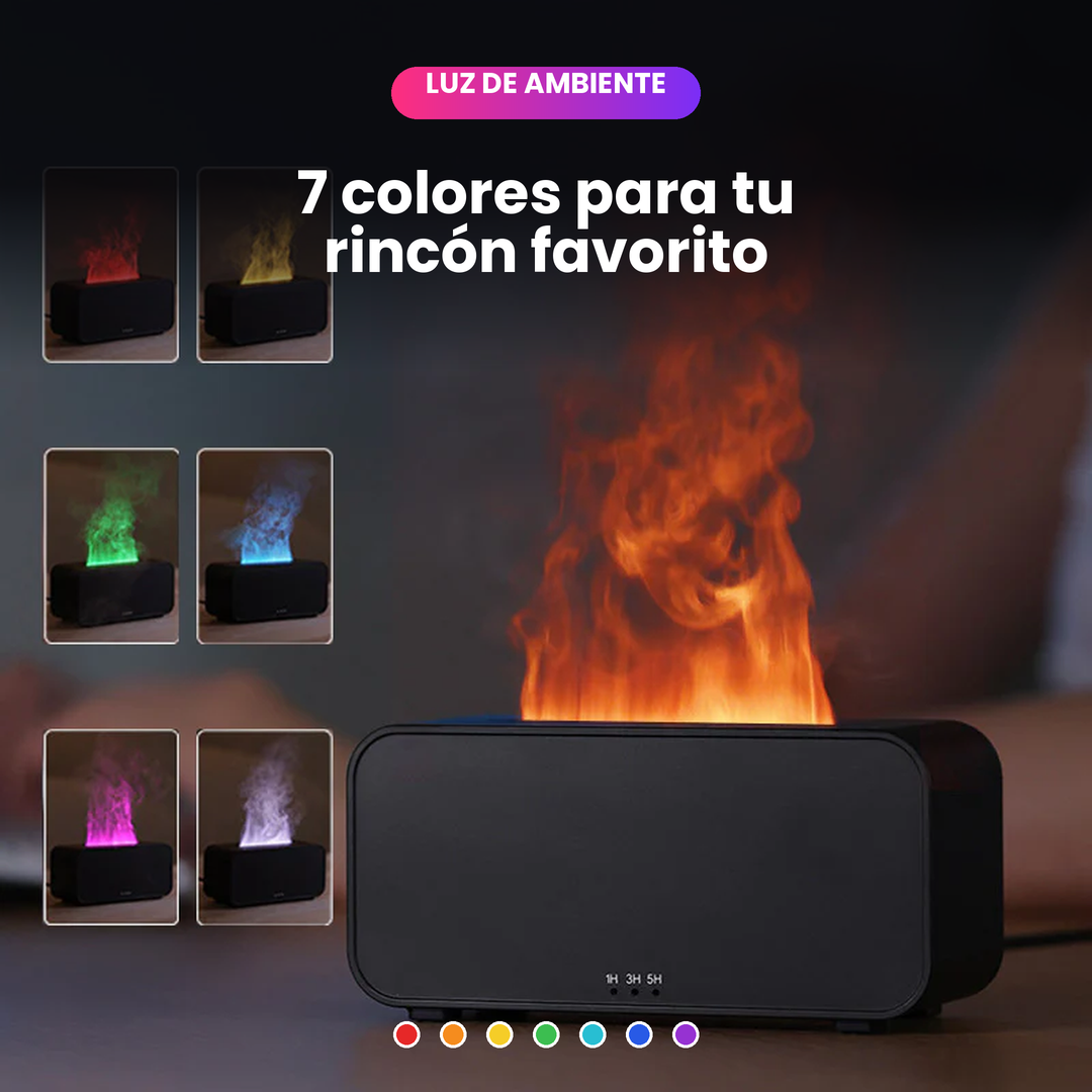 Difusor de Aromas Efecto Llama – Humidificador Silencioso con Luz LED y Temporizador (USB, 120 ml)