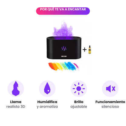 Difusor de Aromas Efecto Llama – Humidificador Silencioso con Luz LED y Temporizador (USB, 120 ml)